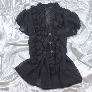 y2k Ali & Kris Blouse Black Excellent Ruffle Sheer Lace Trim Button Front Top